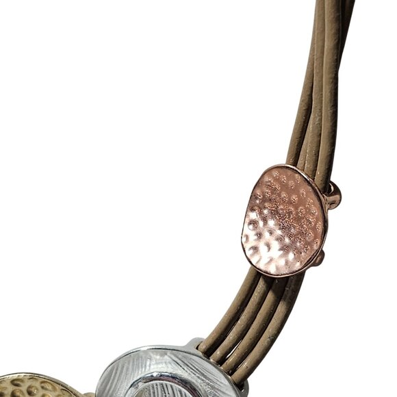 Boho Chic Mixed Metal Hammered Disc Statement Necklace Leather Cord Fashion - Picture 3 of 7